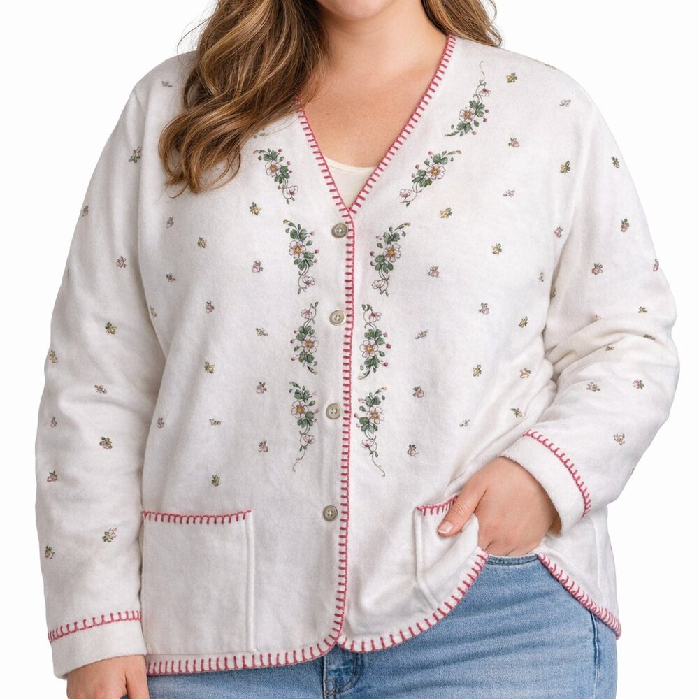 VTG Women's Sweater XXL White w/ Colorful Floral Cardigan Whimsical Cottagecore